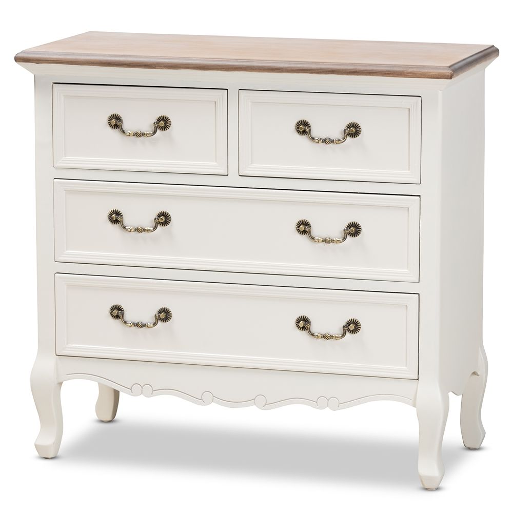 BAXTON STUDIO AMALIE ANTIQUE FRENCH COUNTRY COTTAGE TWO-TONE WHITE AND OAK FINISHED 4-DRAWER ACCENT STORAGE CABINET
