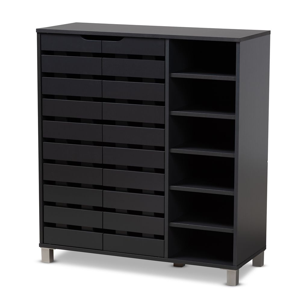 BAXTON STUDIO SHIRLEY MODERN AND CONTEMPORARY DARK GREY FINISHED 2-DOOR WOOD SHOE STORAGE CABINET WITH OPEN SHELVES