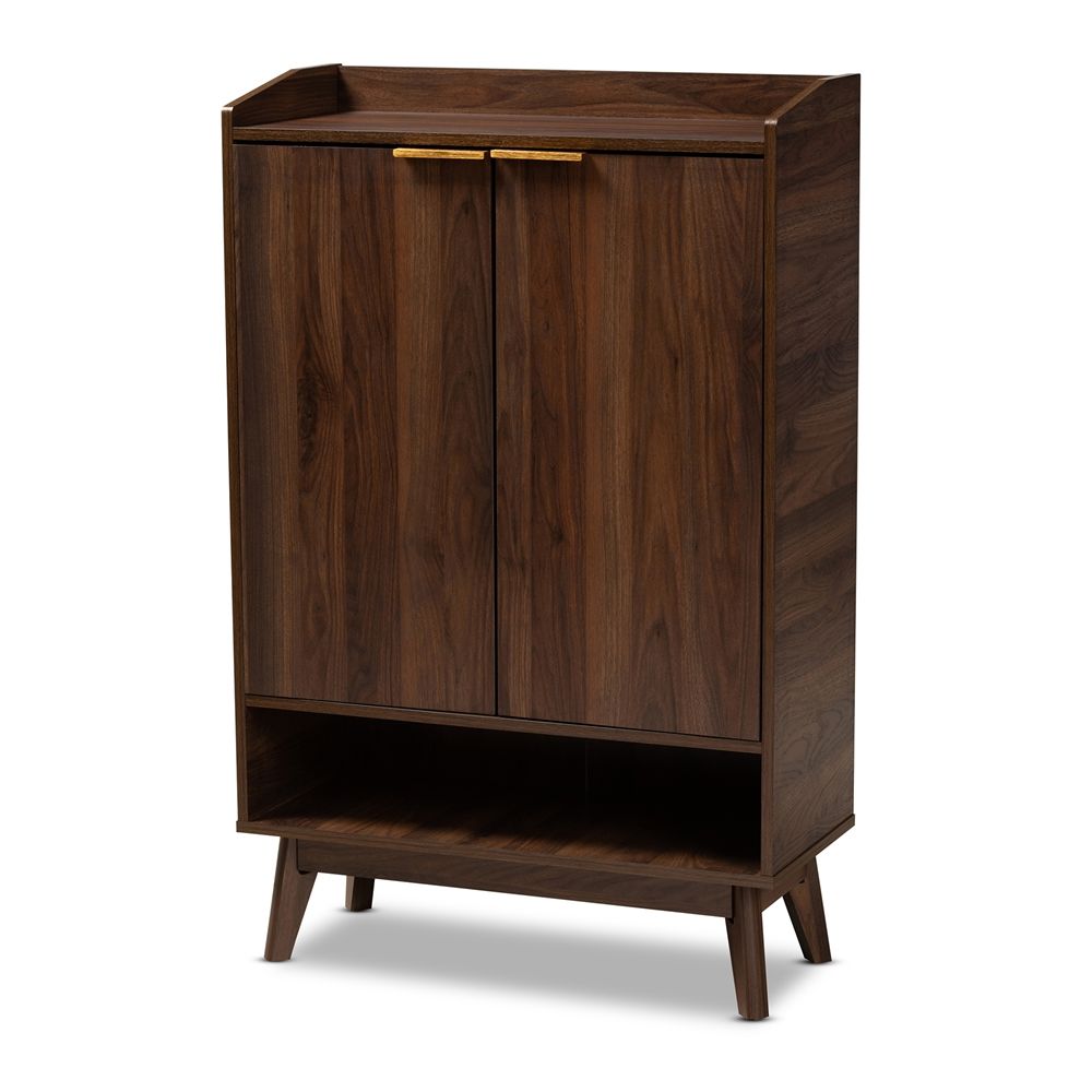 BAXTON STUDIO LENA MID-CENTURY MODERN WALNUT BROWN FINISHED 5-SHELF WOOD ENTRYWAY SHOE CABINET