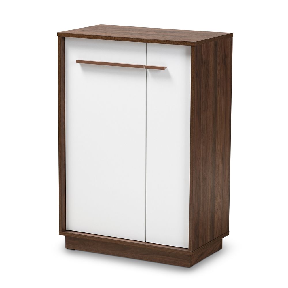BAXTON STUDIO METTE MID-CENTURY MODERN TWO-TONE WHITE AND WALNUT FINISHED 5-SHELF WOOD ENTRYWAY SHOE CABINET