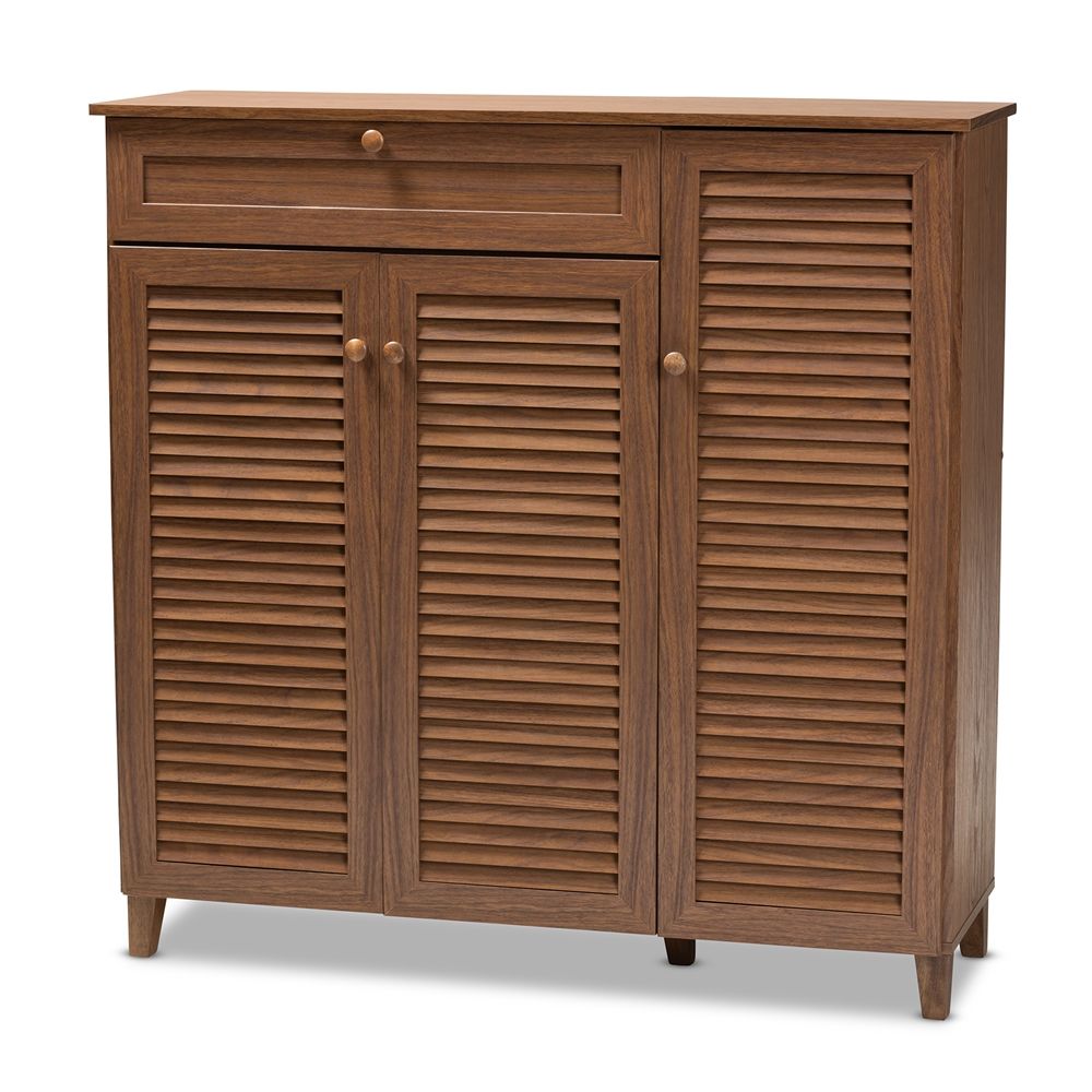 BAXTON STUDIO COOLIDGE MODERN AND CONTEMPORARY WALNUT FINISHED 11-SHELF WOOD SHOE STORAGE CABINET WITH DRAWER