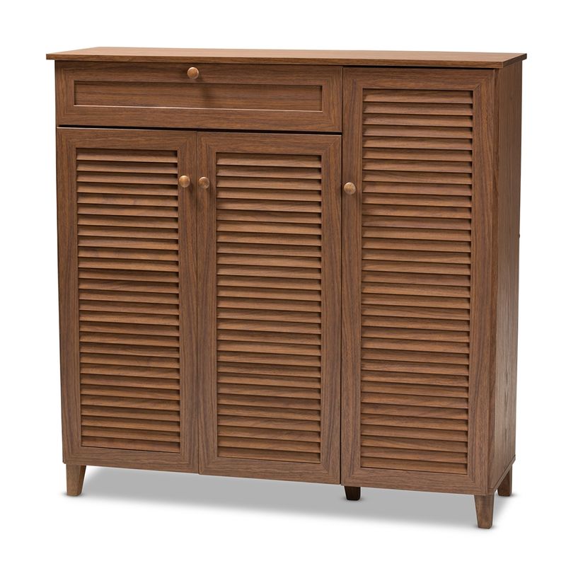 BAXTON STUDIO COOLIDGE MODERN AND CONTEMPORARY WALNUT FINISHED 11-SHELF WOOD SHOE STORAGE CABINET WITH DRAWER