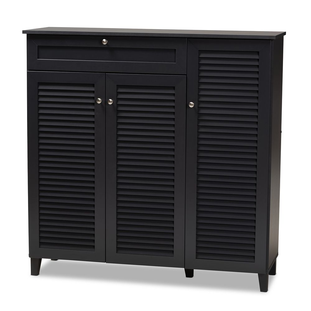 BAXTON STUDIO COOLIDGE MODERN AND CONTEMPORARY DARK GREY FINISHED 11-SHELF WOOD SHOE STORAGE CABINET WITH DRAWER