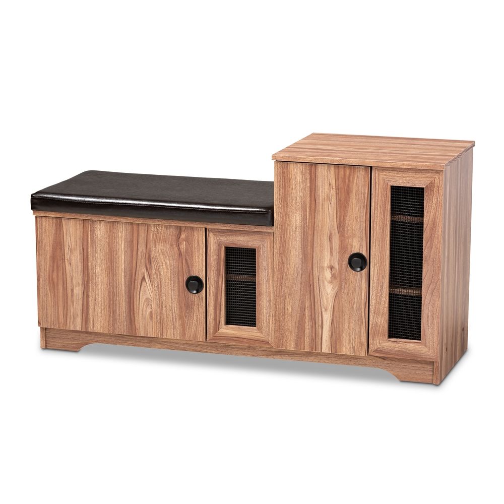 BAXTON STUDIO VALINA MODERN AND CONTEMPORARY DARK BROWN FAUX LEATHER UPHOLSTERED 2-DOOR WOOD SHOE STORAGE BENCH WITH CABINET