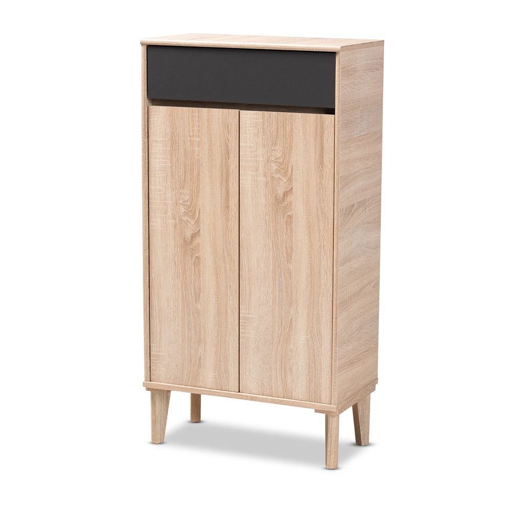 BAXTON STUDIO FELLA MID-CENTURY MODERN TWO-TONE OAK BROWN AND DARK GRAY ENTRYWAY SHOE CABINET WITH DRAWER