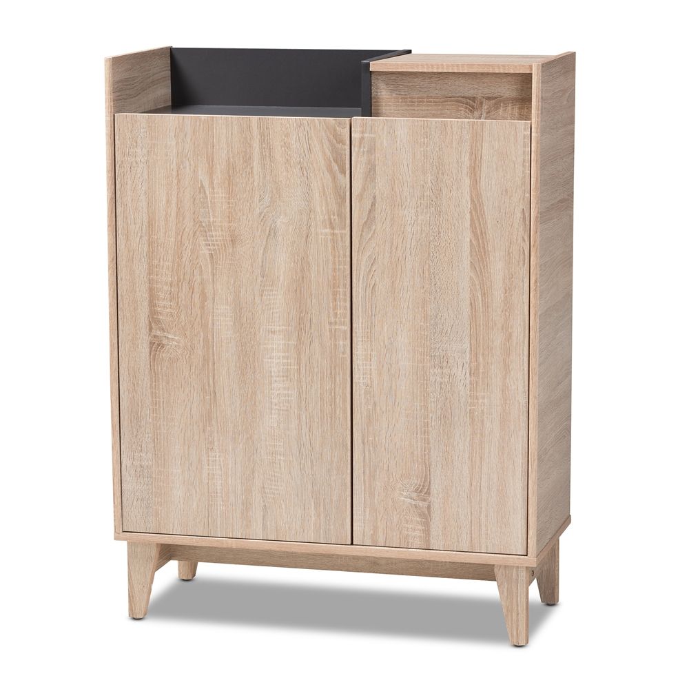 BAXTON STUDIO FELLA MID-CENTURY MODERN TWO-TONE OAK BROWN AND DARK GRAY ENTRYWAY SHOE CABINET WITH LIFT-TOP STORAGE COMPARTMENT