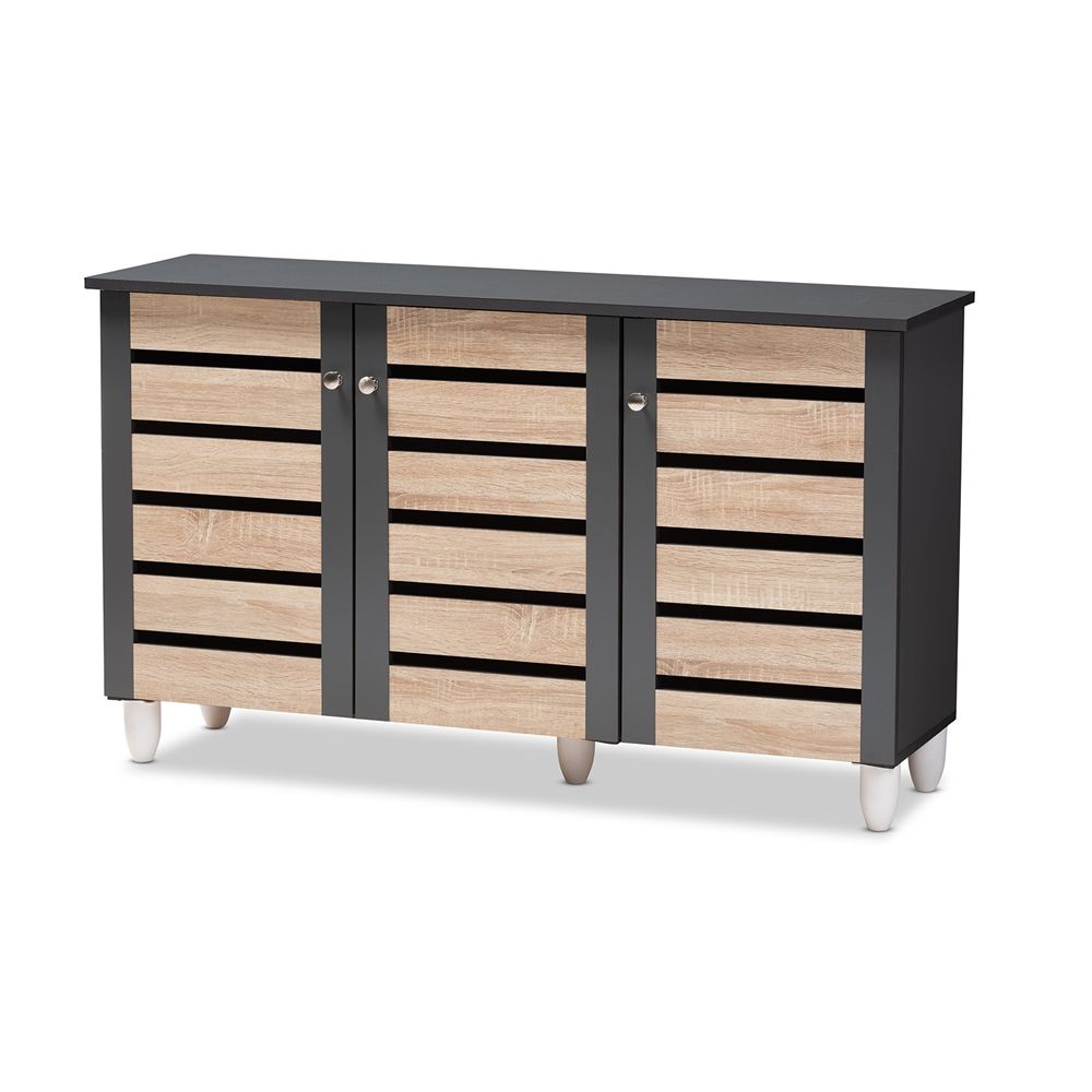 BAXTON STUDIO GISELA MODERN AND CONTEMPORARY TWO-TONE OAK AND DARK GRAY 3-DOOR SHOE STORAGE CABINET