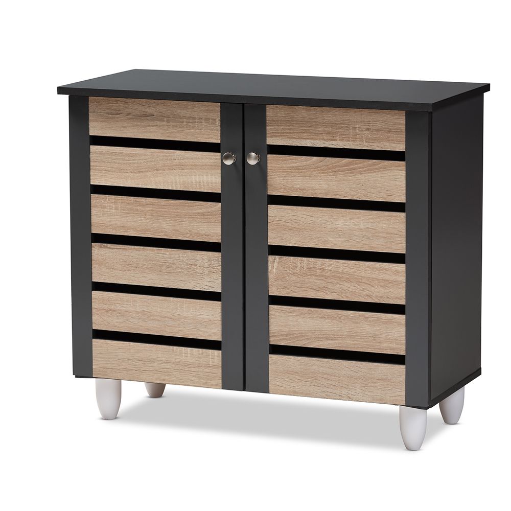 BAXTON STUDIO GISELA MODERN AND CONTEMPORARY TWO-TONE OAK AND DARK GRAY 2-DOOR SHOE STORAGE CABINET