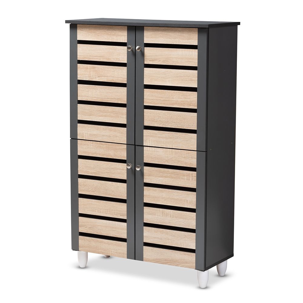 BAXTON STUDIO GISELA MODERN AND CONTEMPORARY TWO-TONE OAK AND DARK GRAY 4-DOOR SHOE STORAGE CABINET