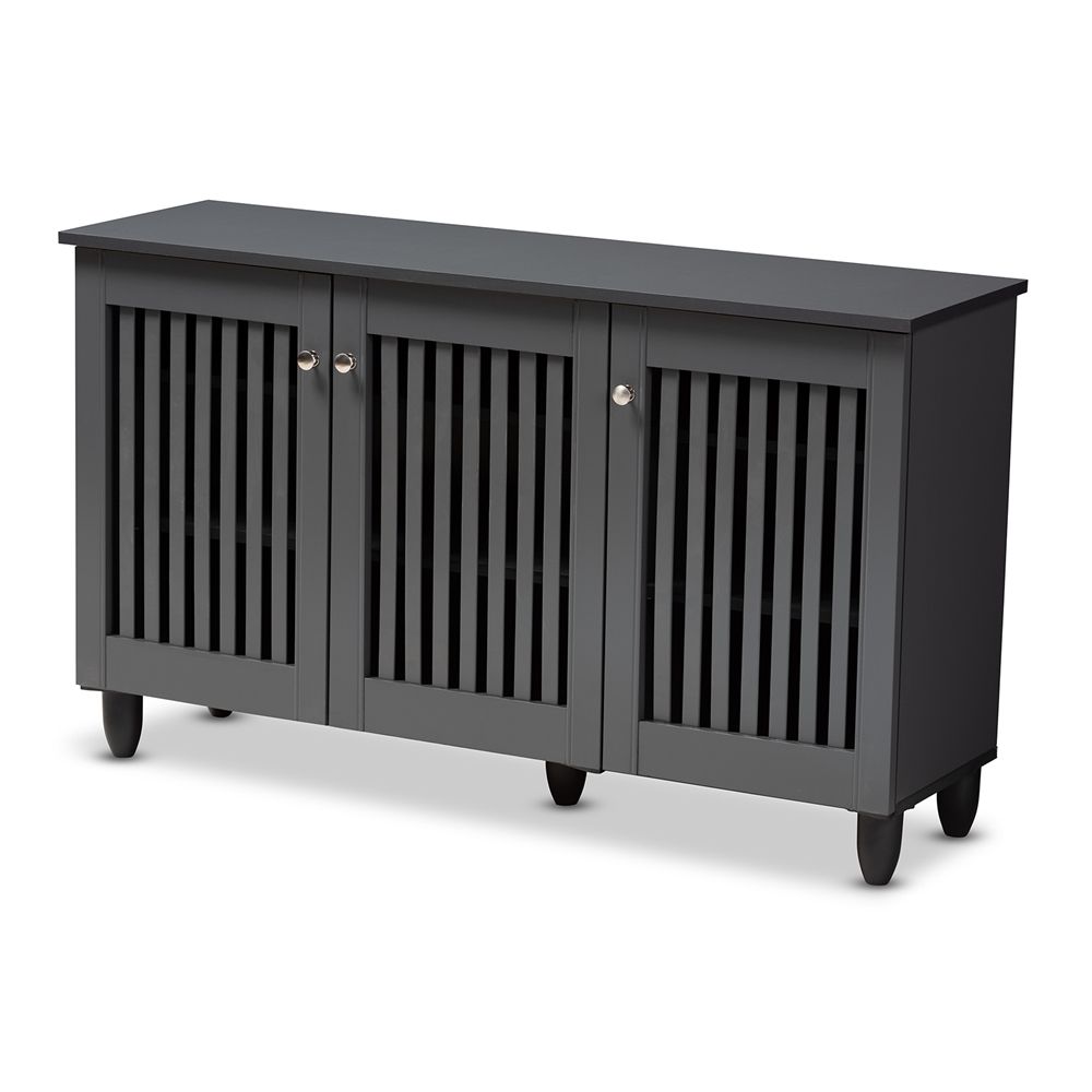 BAXTON STUDIO FERNANDA MODERN AND CONTEMPORARY DARK GRAY 3-DOOR WOODEN ENTRYWAY SHOE STORAGE WIDE CABINET