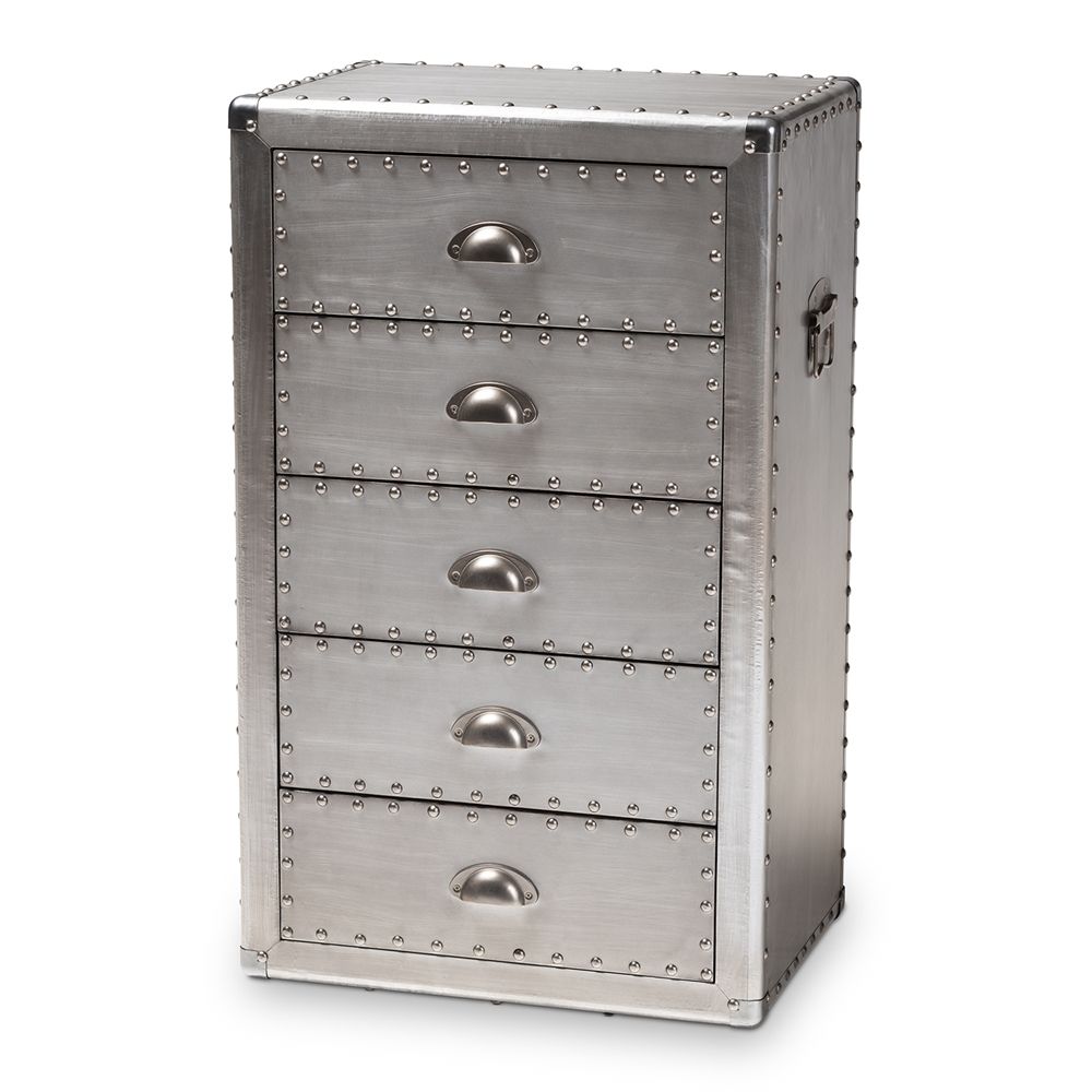 BAXTON STUDIO DAVET FRENCH INDUSTRIAL SILVER METAL 5-DRAWER ACCENT STORAGE CABINET