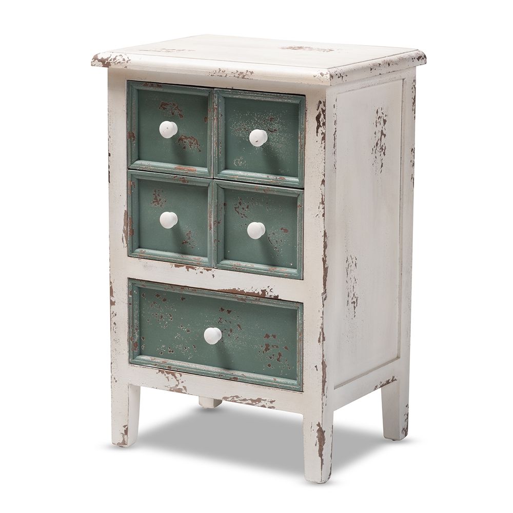 BAXTON STUDIO ANGELINE ANTIQUE FRENCH COUNTRY COTTAGE DISTRESSED WHITE AND TEAL FINISHED WOOD 5-DRAWER STORAGE CABINET