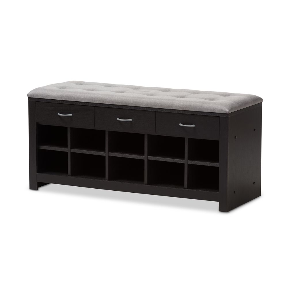 BAXTON STUDIO MODERN AND CONTEMPORARY ESPRESSO FINISHED GREY FABRIC UPHOLSTERED CUSHIONED ENTRYWAY BENCH