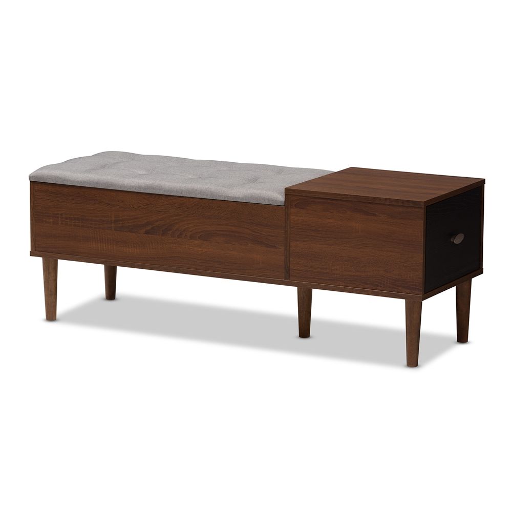 BAXTON STUDIO MERRICK MID-CENTURY RETRO MODERN 1-DRAWER 2-TONE OAK AND DARK BROWN WOOD ENTRYWAY STORAGE GREY FABRIC CUSHIONED BENCH SHOE RACK CABINET ORGANIZER