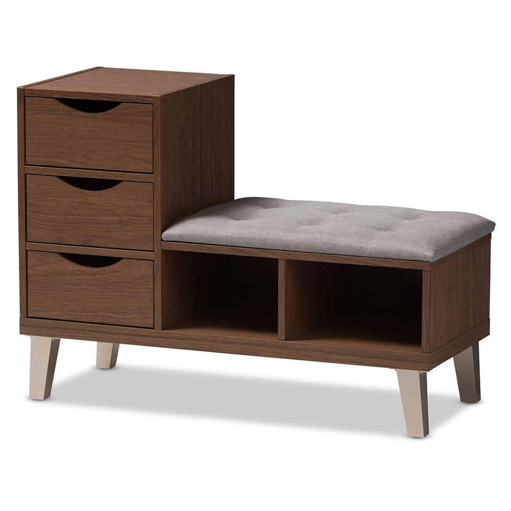 BAXTON STUDIO ARIELLE MODERN AND CONTEMPORARY WALNUT WOOD 3-DRAWER SHOE STORAGE GREY FABRIC UPHOLSTERED SEATING BENCH WITH TWO OPEN SHELVES