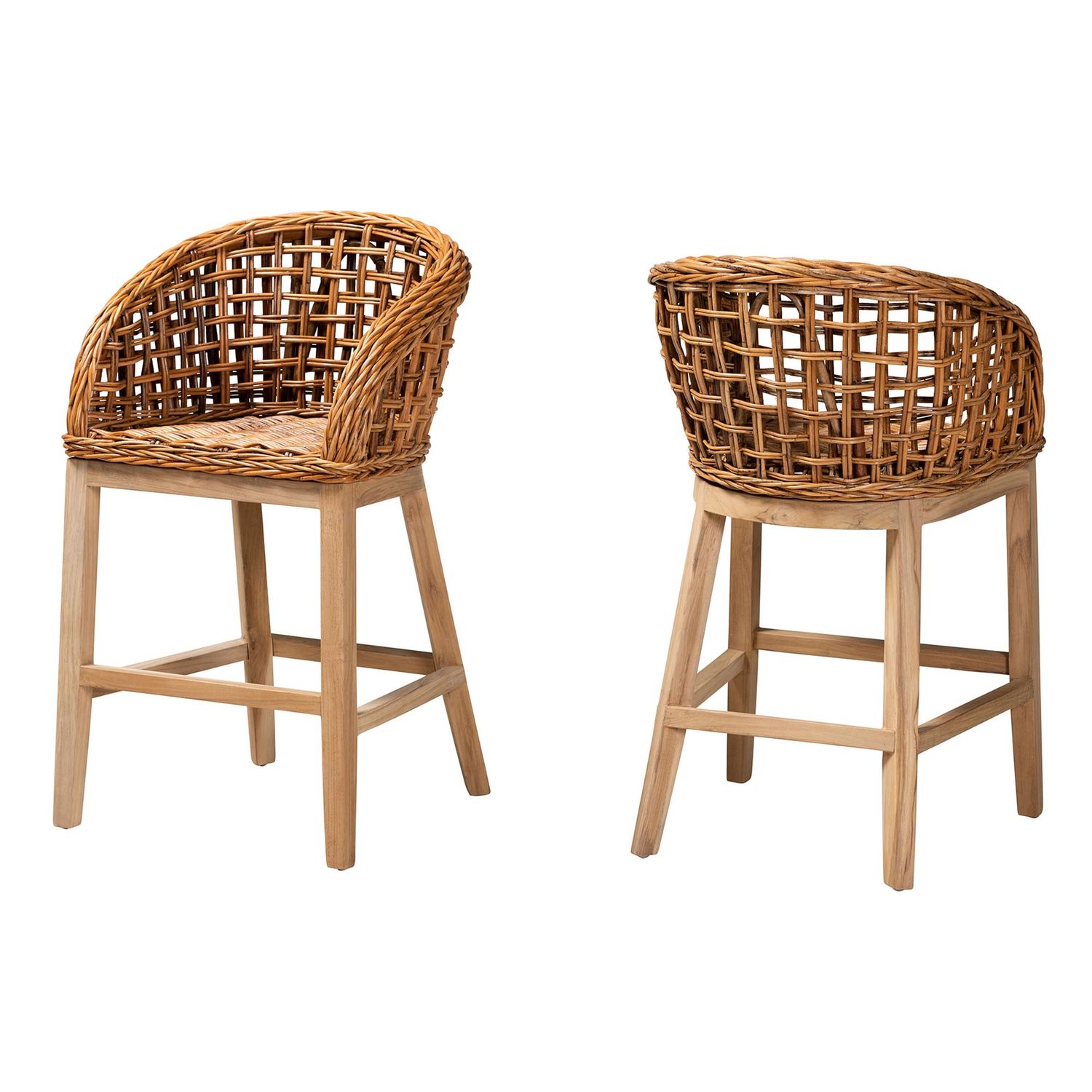 bali & pari Mario Modern Bohemian Natural Brown Finished Teak Wood and Rattan 2-Piece Counter Stool Set