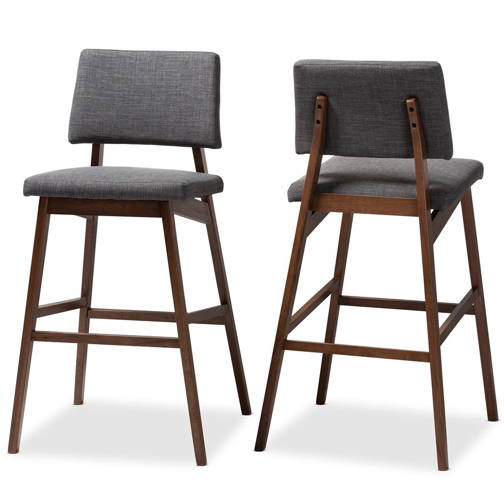 Baxton Studio Colton Mid-Century Modern Dark Gray Fabric Upholstered and Walnut-Finished Wood Bar Stool Set of 2