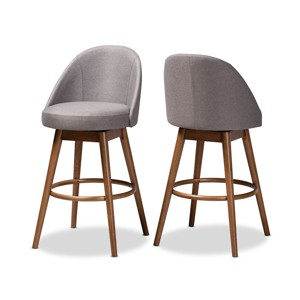 Baxton Studio Carra Mid-Century Modern Grey Fabric Upholstered Walnut-Finished Wood Swivel Bar Stool (Set of 2)