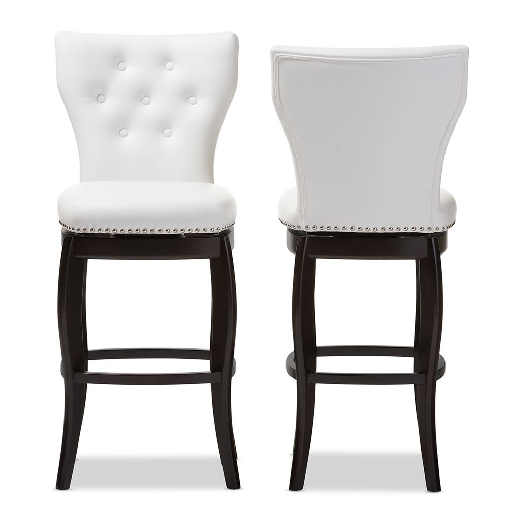 Baxton Studio Leonice Modern and Contemporary White Faux Leather Upholstered Button-tufted 29-Inch 2-Piece Swivel Bar Stool Set