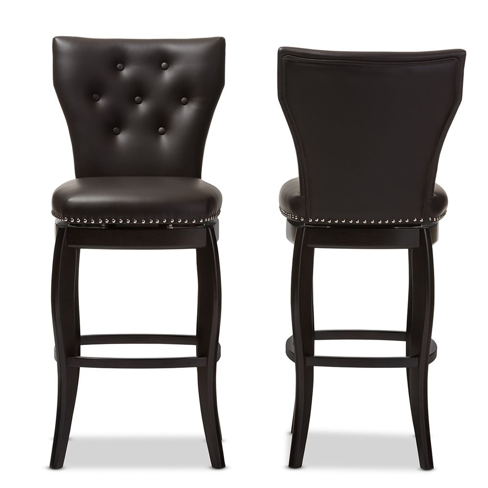 Baxton Studio Leonice Modern and Contemporary Dark Brown Faux Leather Upholstered Button-tufted 29-Inch 2-Piece Swivel Bar Stool Set