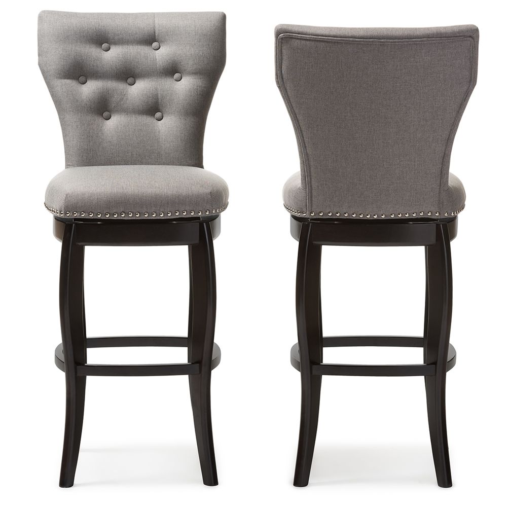Baxton Studio Leonice Modern and Contemporary Grey Fabric Upholstered Button-tufted 29-Inch 2-Piece Swivel Bar Stool Set