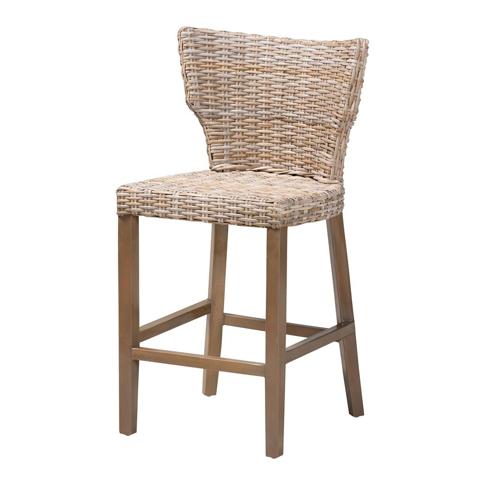 bali & pari Enver Modern Bohemian Grey Kubu Rattan and Mahogany Wood Counter Stool