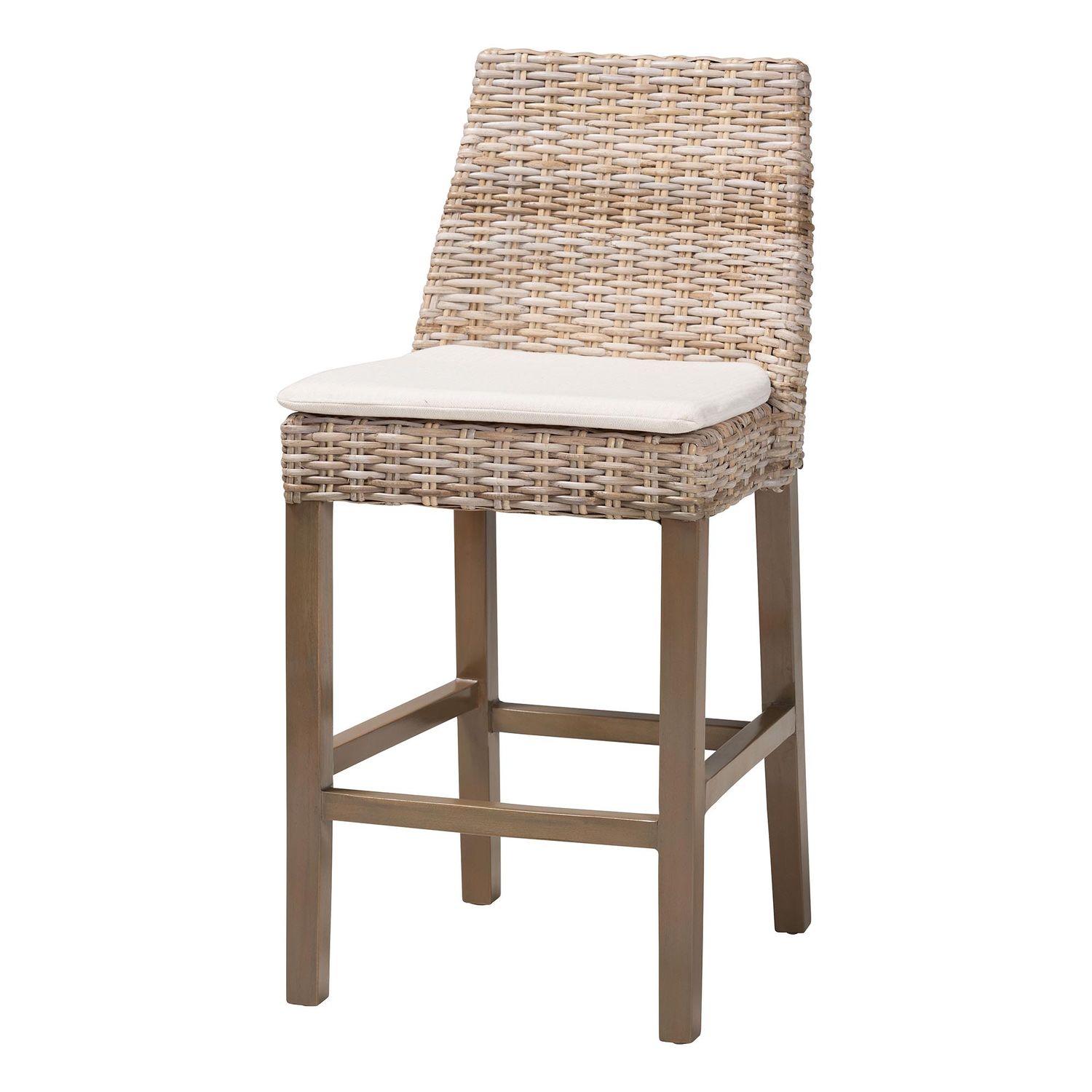 bali & pari Toby Modern Bohemian Grey Kubu Rattan and Rustic Taupe Finished Mahogany Wood Counter Stool