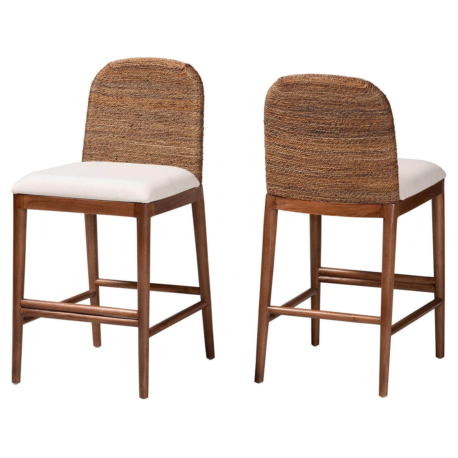 bali & pari Nadim Modern Bohemian Natural Seagrass and Acacia Wood 2-Piece Counter Stool Set