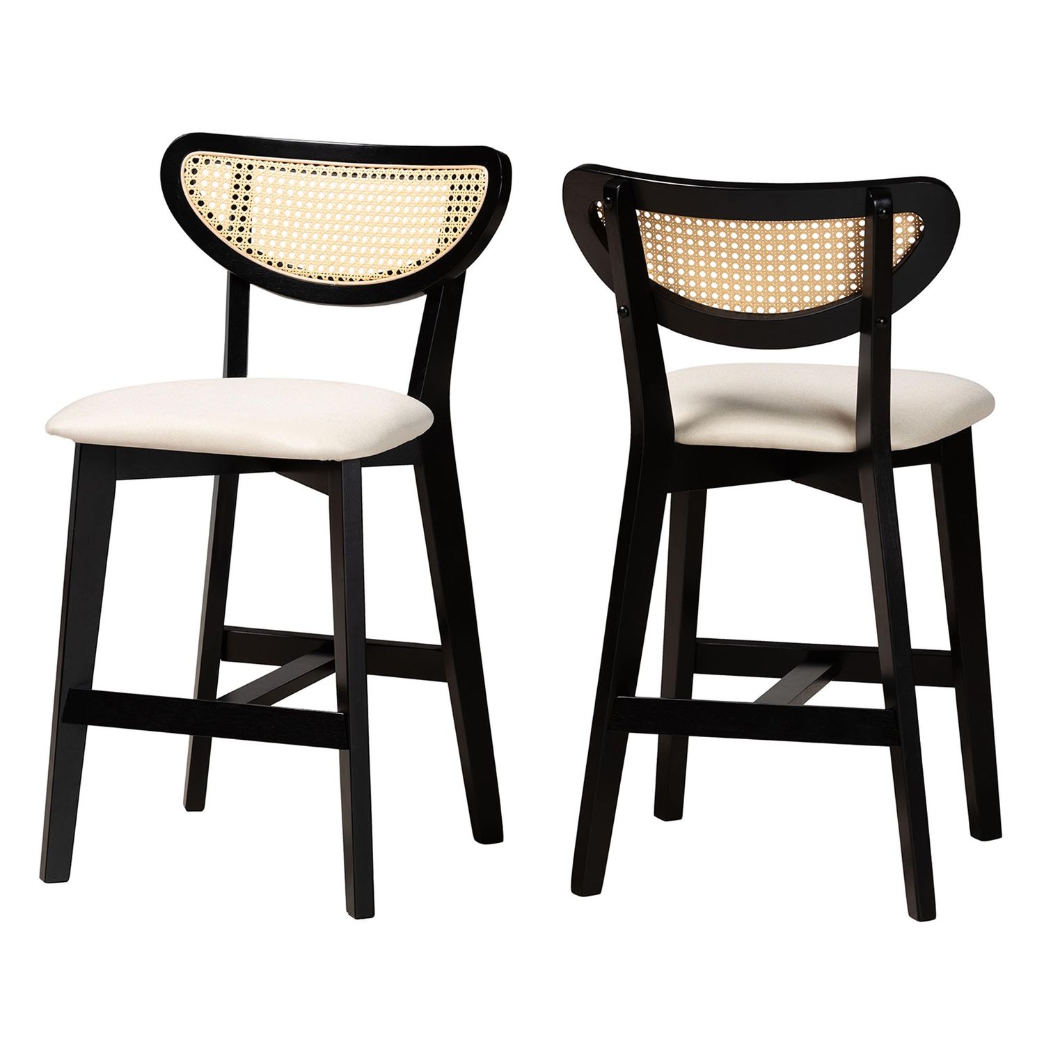 Baxton Studio Dannell Mid-Century Modern Cream Fabric and Black Finished Wood 2-Piece Counter Stool Set