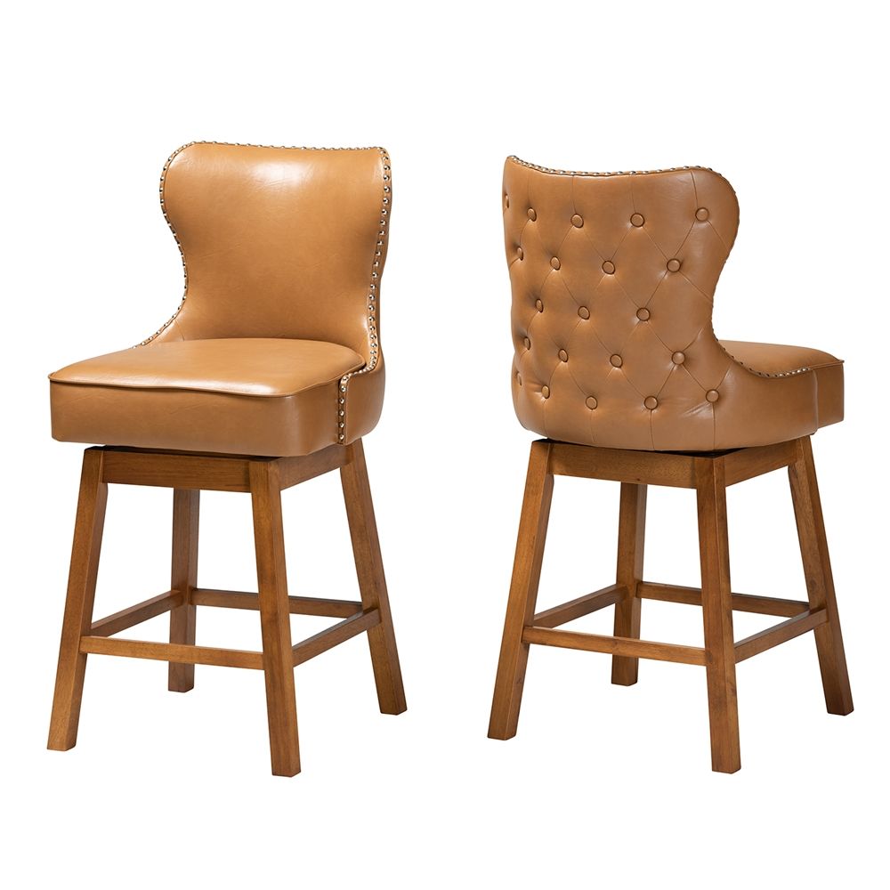 Baxton Studio Gradisca Modern Tan Faux Leather and Walnut Brown Finished Wood 2-Piece Swivel Counter Stool Set