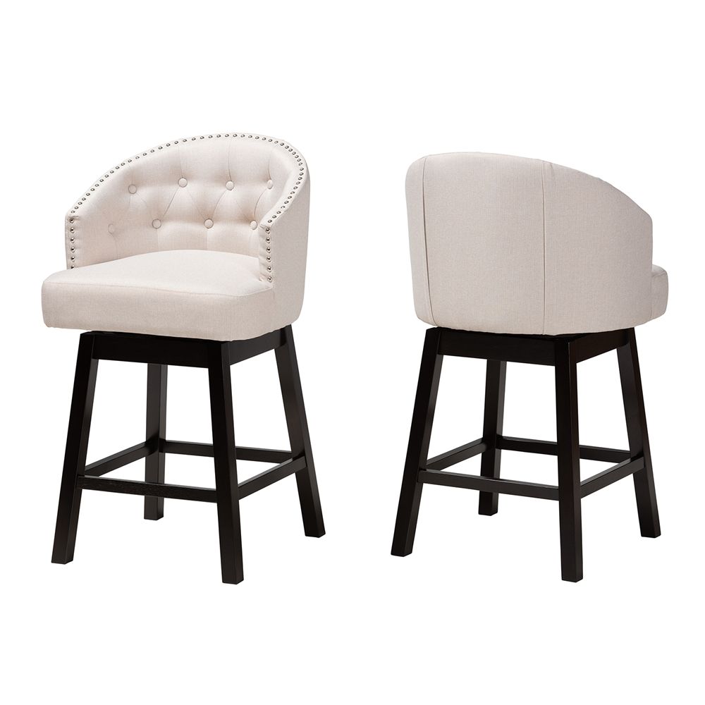 Baxton Studio Theron Mid-Century Transitional Light Beige Fabric and Espresso Brown Finished Wood 2-Piece Swivel Counter Stool Set