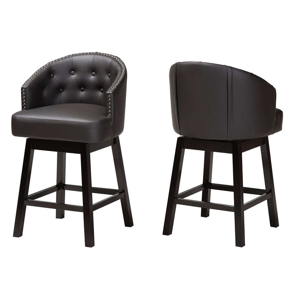Baxton Studio Theron Mid-Century Transitional Dark Brown Faux Leather and Espresso Brown Finished Wood 2-Piece Swivel Counter Stool Set