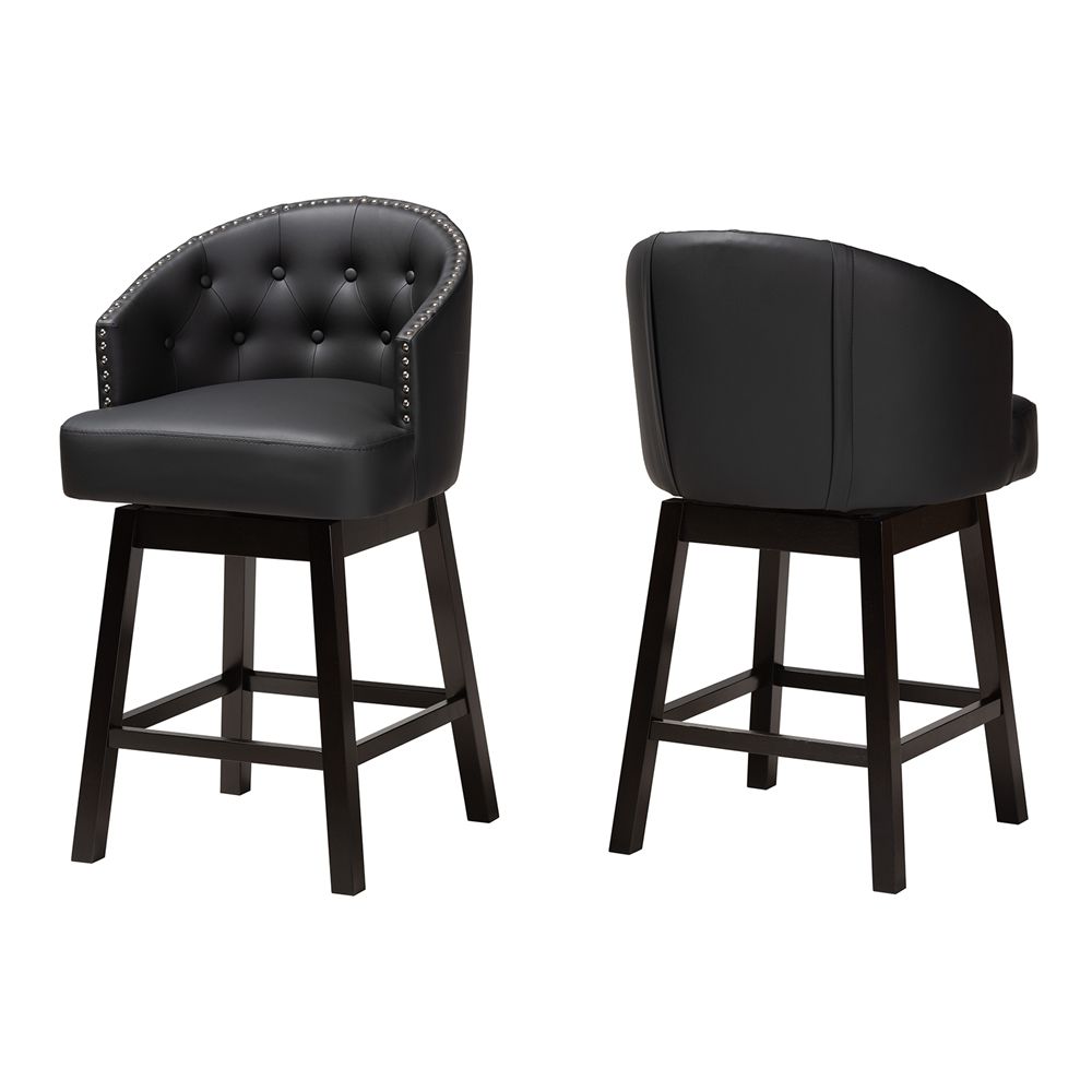 Baxton Studio Theron Mid-Century Transitional Black Faux Leather and Espresso Brown Finished Wood 2-Piece Swivel Counter Stool Set