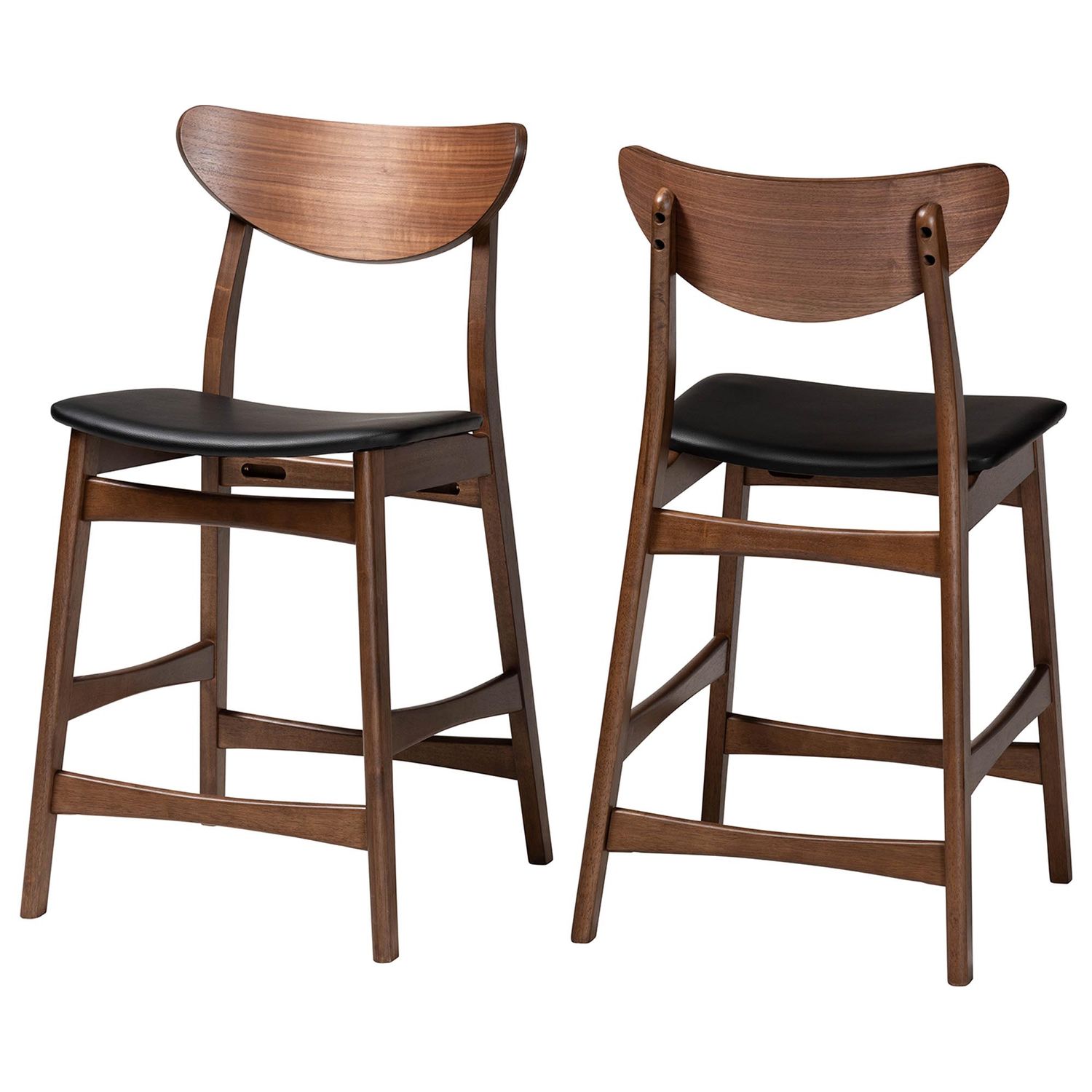 Baxton Studio Latina Mid-century Retro Modern Scandinavian Style Black Faux Leather Upholstered Walnut Wood Finishing 24-Inches Counter Stool