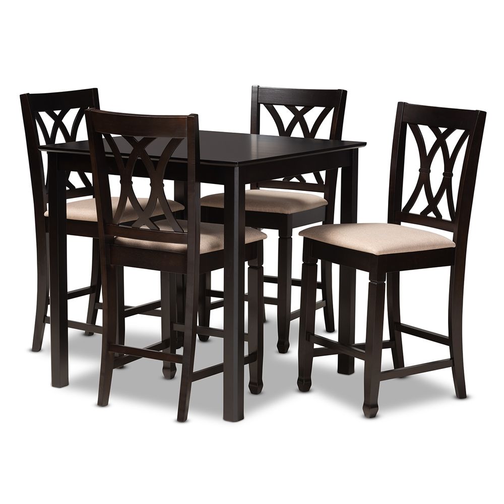 Baxton Studio Reneau Modern and Contemporary Sand Fabric Upholstered Espresso Brown Finished 5-Piece Wood Pub Set