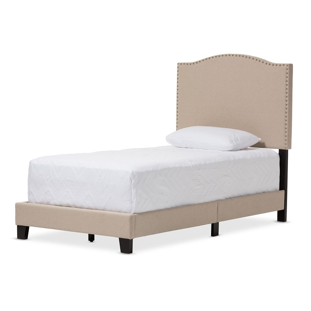 Baxton Studio Benjamin Modern and Contemporary Beige Linen Upholstered Twin Size Arched Bed with Nail Heads -