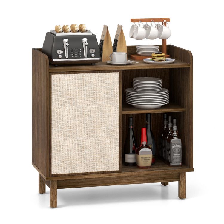 Rattan Buffet Sideboard Mid Century Floor Storage Cabinet with Sliding Door and Adjustable Shelves