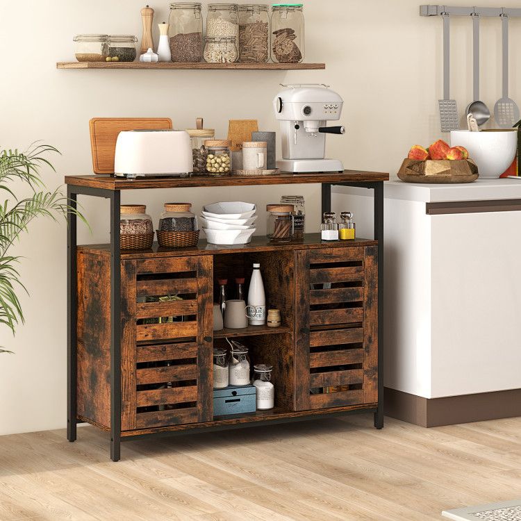 Buffet Cabinet Industrial Sideboard Storage Cabinet with Slatted Door and 3 Adjustable Shelves