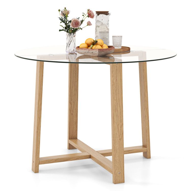 42 Inches Round Glass Dining Table with Tempered Glass Tabletop and Rubber Wood Legs