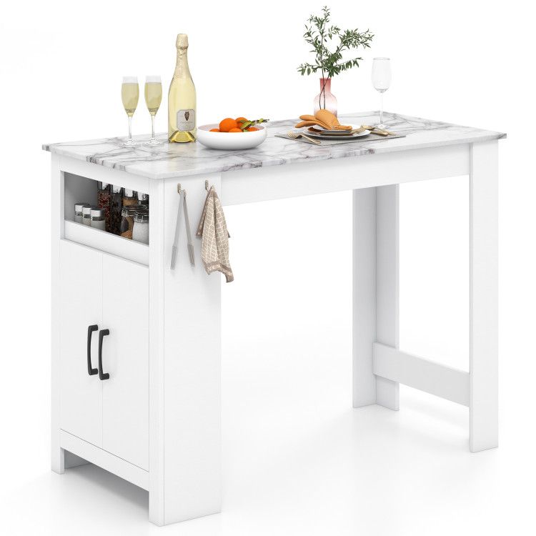 Bar Table Faux Marble Pub Table with 7 Hanging Hooks Compartment