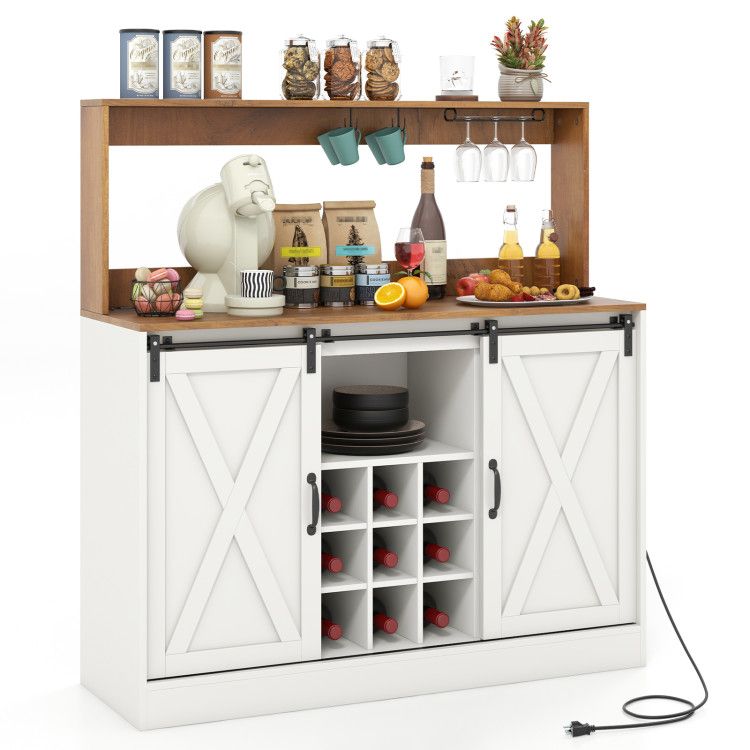 Farmhouse Coffee Bar Cabinet with Charging Station and Sliding Barn Doors