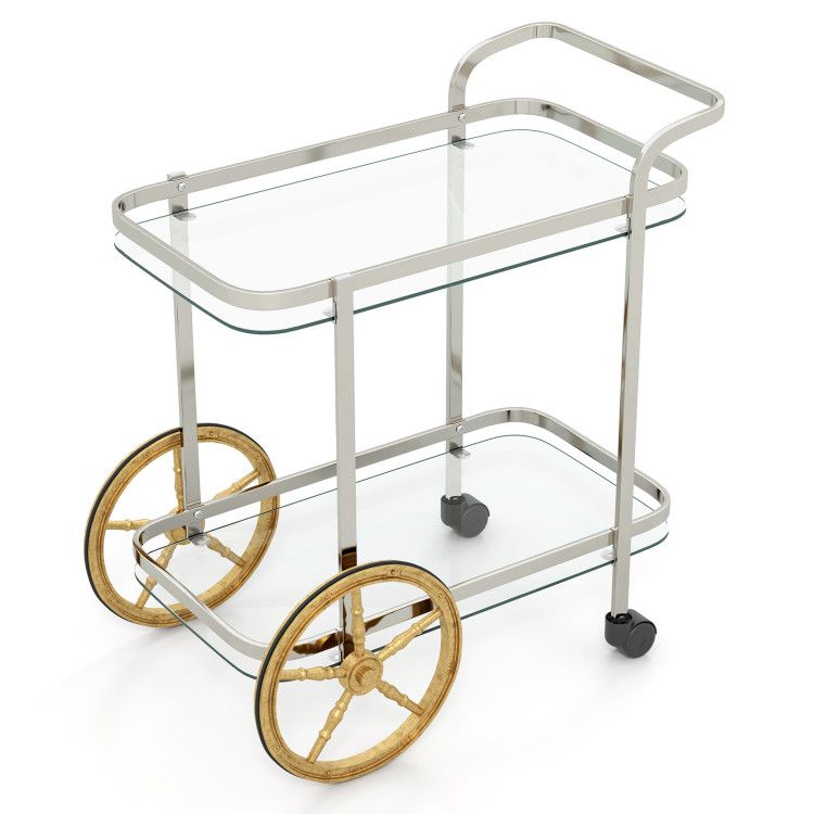 2-Tier Tempered Glass Bar Cart with 2 Large Aluminum Wheels and 2 Rolling Casters 2-Tier Tempered Glass Bar Cart with 2 Large Aluminum Wheels and 2 Rolling Casters