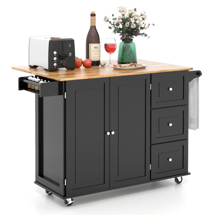 Kitchen Wood Island Trolley Cart with Drop-Leaf Tabletop and Storage Cabinet