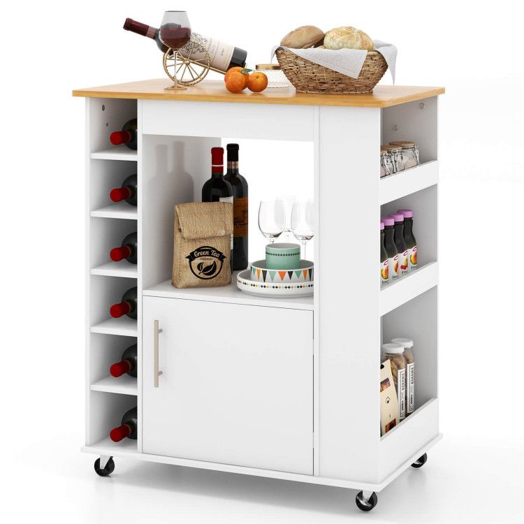 Kitchen Cart on Wheels with Bamboo Top and 6-Bottle Wine Rack Kitchen Cart on Wheels with Bamboo Top and 6-Bottle Wine Rack