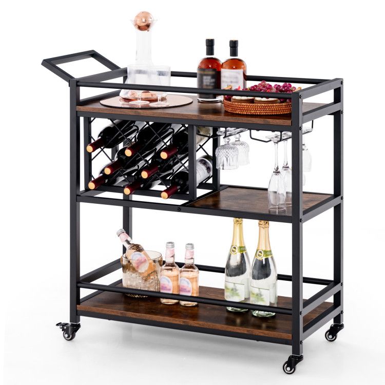 3-tier Bar Cart on Wheels Home Kitchen Serving Cart with Wine Rack and Glasses Holder 3-tier Bar Cart on Wheels Home Kitchen Serving Cart with Wine Rack and Glasses Holder