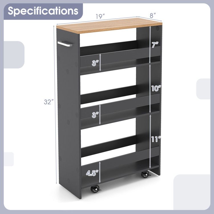 4-Tier Rolling Storage Cart Slim Kitchen Cart on Wheels with Open Shelves and Handle
