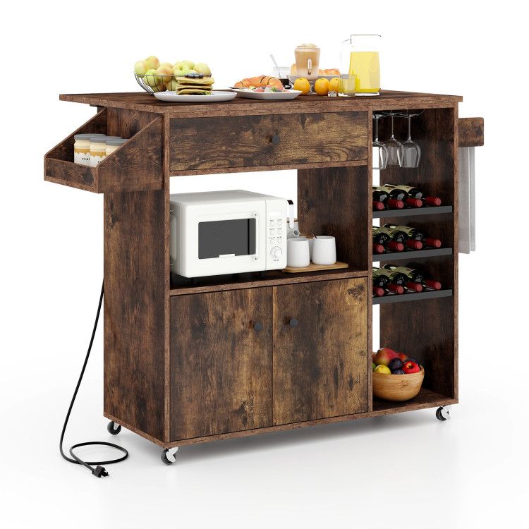 Drop Leaf Mobile Kitchen Island Cart with Power Outlet and Adjustable Shelf Drop Leaf Mobile Kitchen Island Cart with Power Outlet and Adjustable Shelf