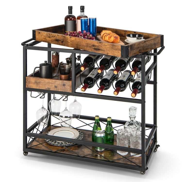 3-Tier Rolling Bar Cart with Removable Tray and Wine Rack 3-Tier Rolling Bar Cart with Removable Tray and Wine Rack