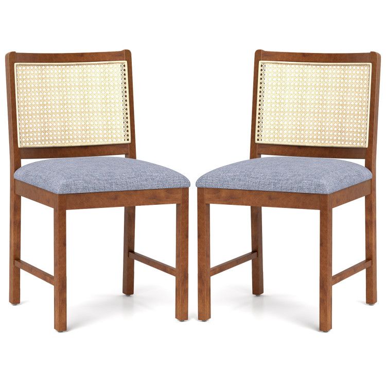 Rattan Dining Chair Set of 2 with Rubber Wood Frame and Linen Fabric Padded Seat