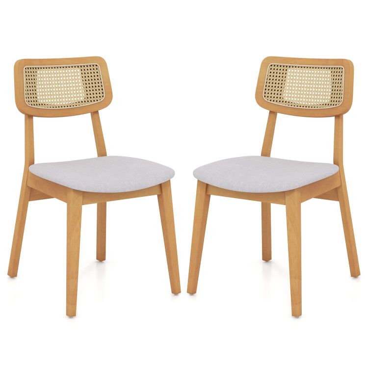 Rattan Dining Chair Set of 2 with Can Back and Rubber Wood Frame
